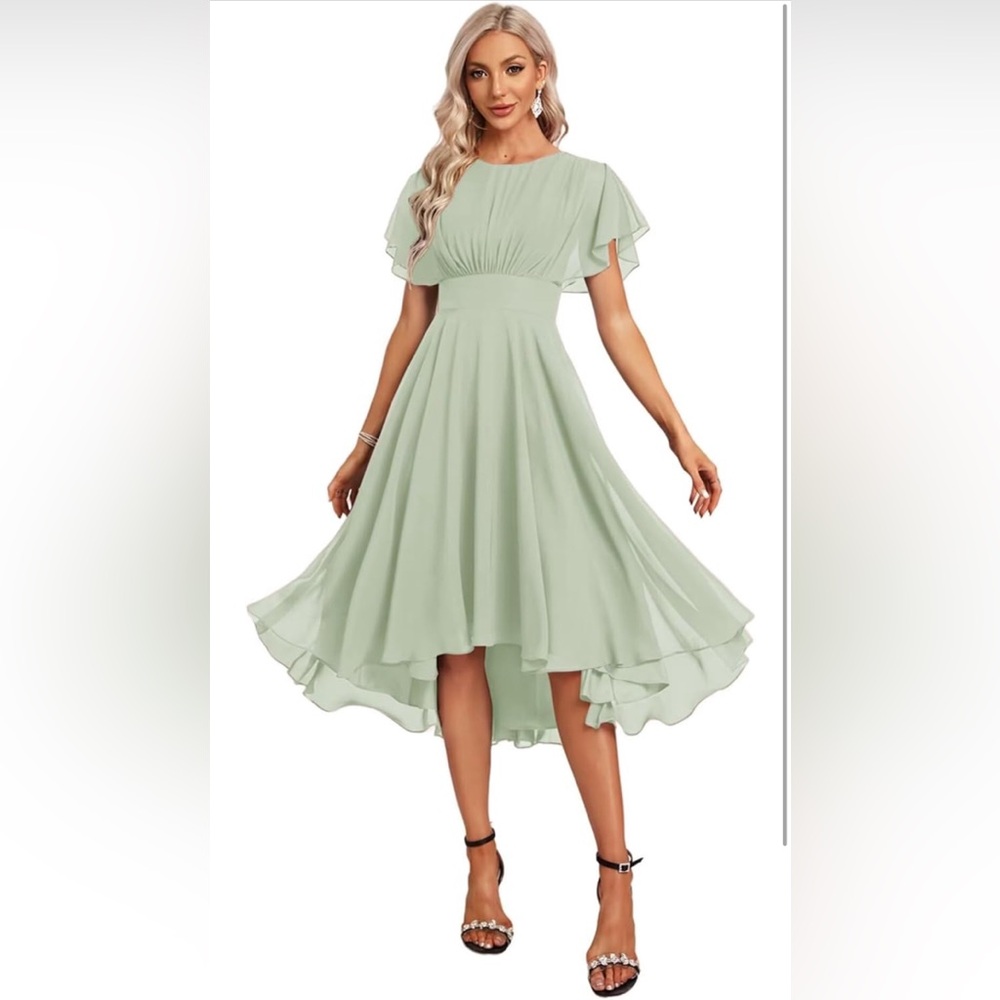 Dusty sage Chiffon Bridesmaid Dresse Short Crew Neck Flutter Sleeve sz 12 NWT
